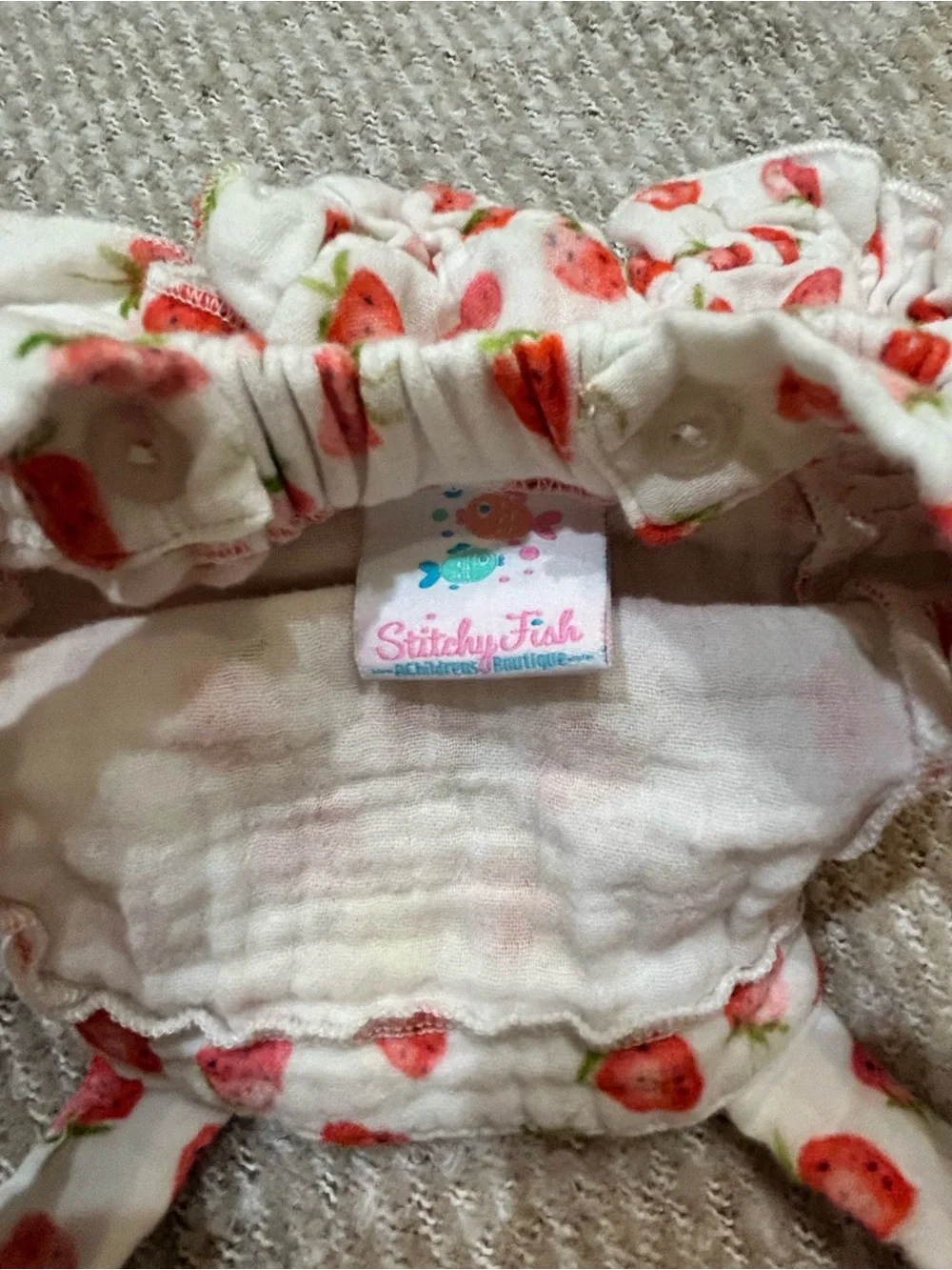 Stitchy Fish Strawberry Print Baby Ruffle Romper EUC